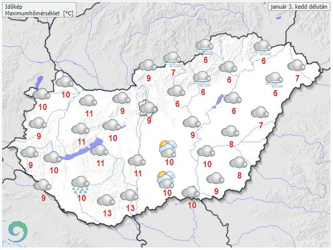 Időjárás-előrejelzés kedd délutánra - Forrás:met.hu