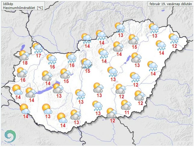 Időjárás-előrejelzés vasárnap délutánra - Forrás: met.hu