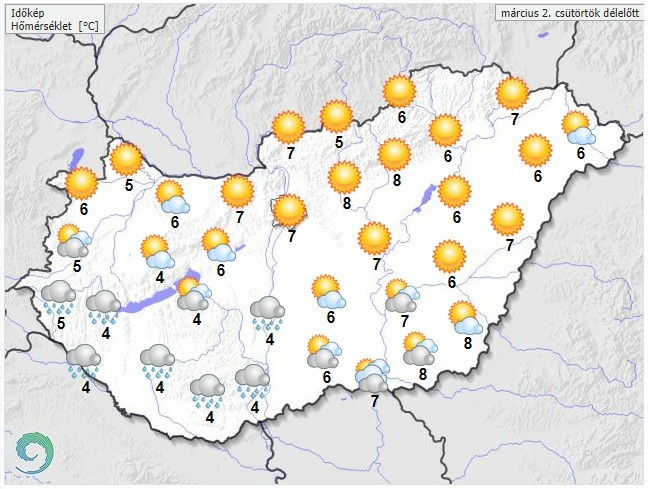 Időjárás-előrejelzés csütörtök délelőttre - Forrás: met.hu