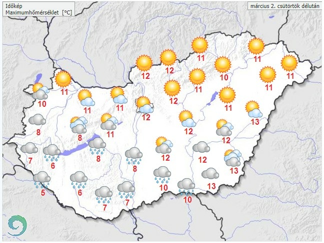 Időjárás-előrejelzés csütörtök délutánra - Forrás: met.hu 