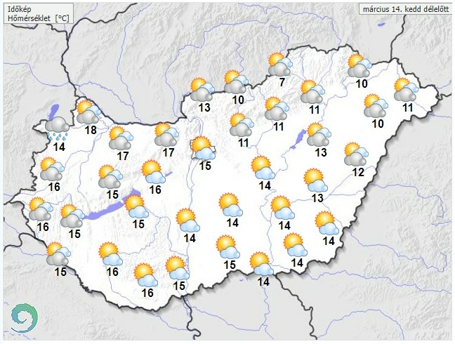 Időjárás-előrejelzés kedd délelőttre - Forrás:met.hu