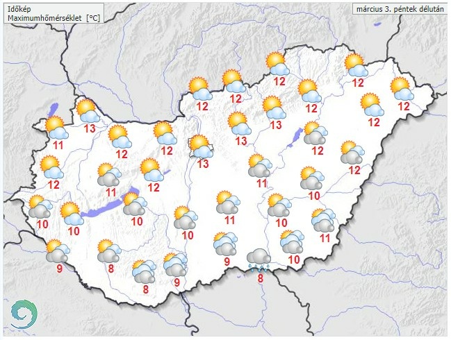 Időjárás-előrejelzés péntek délutánra - Forrás: met.hu