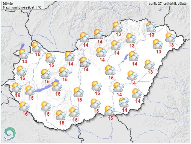 Időjárás-előrejelzés csütörtök délutánra - Forrás: met.hu
