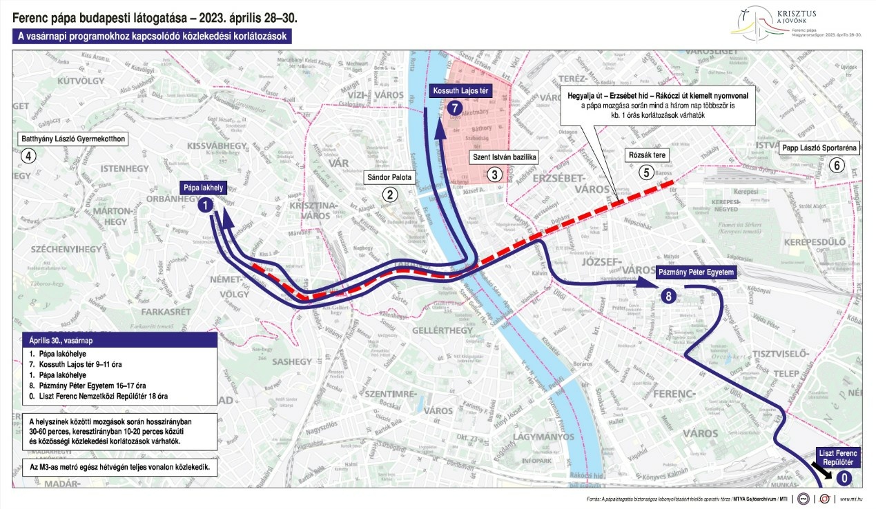 Pápalátogatás - Térképet tett közzé a BRFK a forgalomkorlátozásokról
