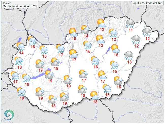 Időjárás-előrejelzés kedd délutánra - Forrás:met.hu