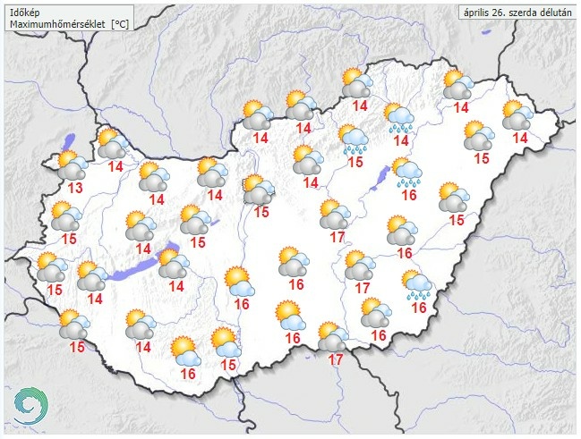 Időjárás-előrejelzés csütörtök délutánra - Forrás: met.hu