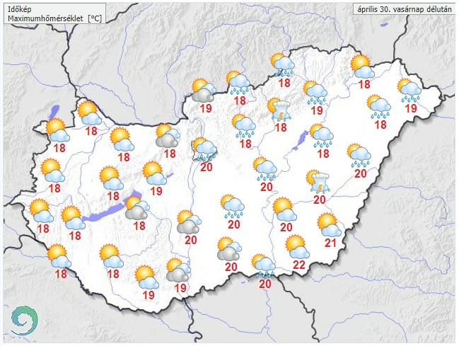 Időjárás-előrejelzés vasárnap délutánra - Forrás: met.hu
