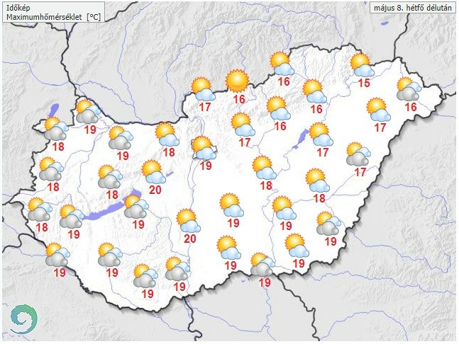 Időjárás-előrejelzés hétfő délutánra - Forrás: met.hu