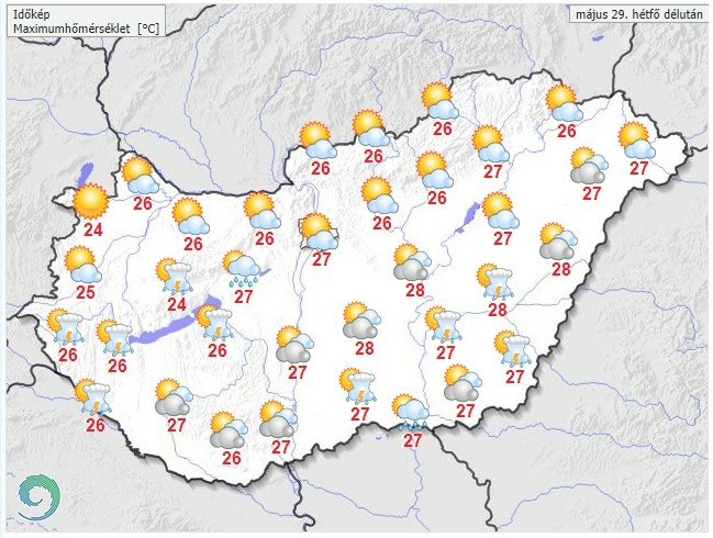 Időjárás-előrejelzés hétfő délutánra - Forrás: met.hu