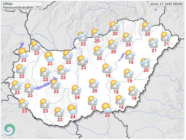 Időjárás-előrejelzés kedd délutánra - Forrás: met.hu