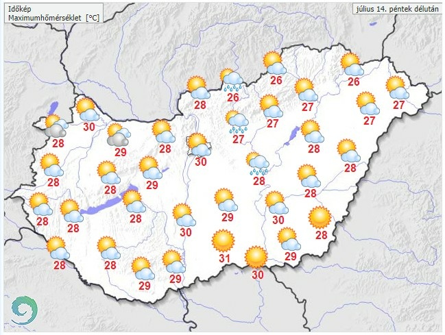 Időjárás-előrejelzés péntek délutánra - Forrás: met.hu