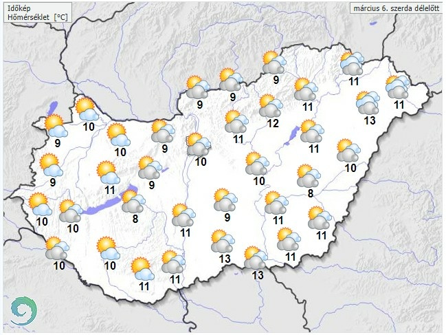 Időjárás-előrejelzés szerda délelőttre - Forrás: met.hu