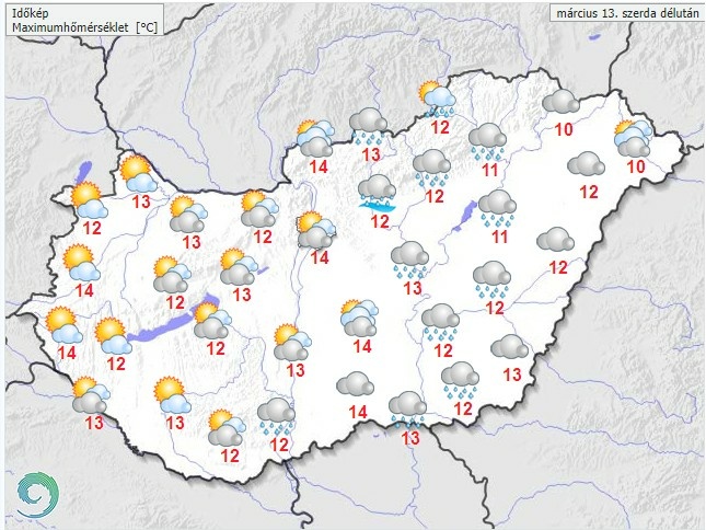 Időjárás-előrejelzés szerda délutánra - Forrás: met.hu
