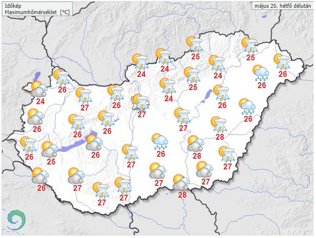 Időjárás-előrejelzés hétfő délutánra - Forrás: met.hu