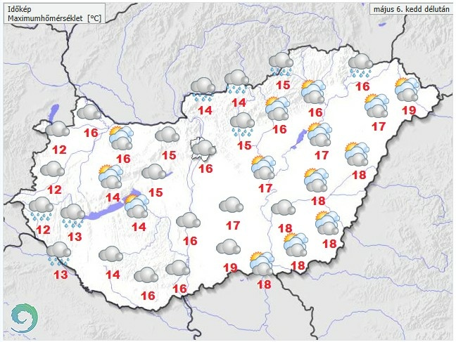 Időjárás-előrejelzés hétfő délutánra - Forrás: met.hu