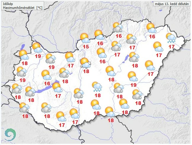Időjárás-előrejelzés hétfő délutánra - Forrás: met.hu