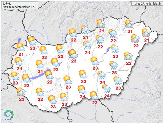 Időjárás-előrejelzés hétfő délutánra - Forrás: met.hu