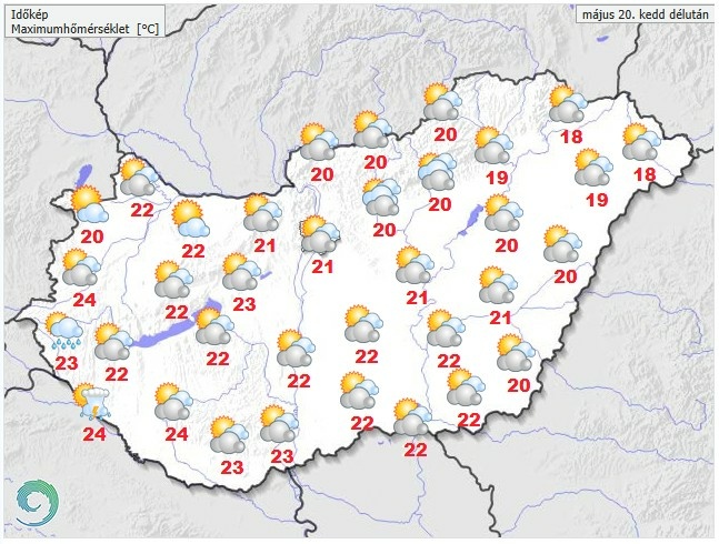 Időjárás-előrejelzés hétfő délutánra - Forrás: met.hu