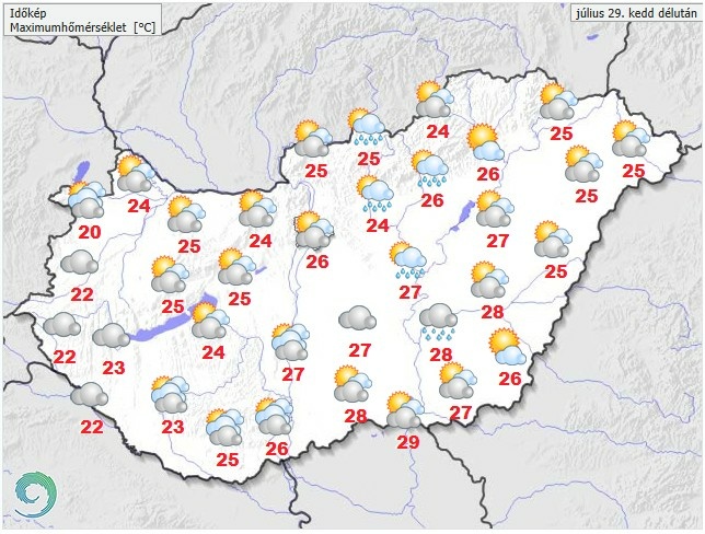 Időjárás-előrejelzés hétfő délutánra - Forrás: met.hu