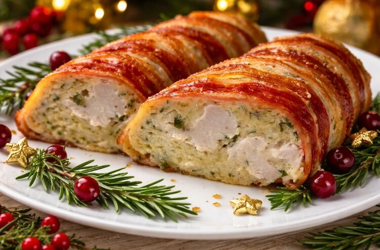 Csirkemell őzgerincformában bacon szalonnával