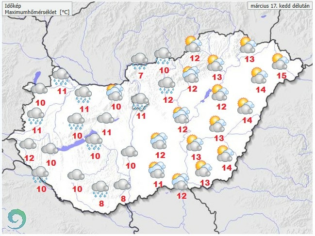 Időjárás-előrejelzés kedd délutánra - Forrás: met.hu