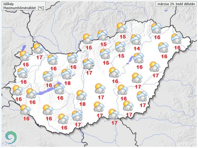 Időjárás-előrejelzés kedd délutánra - Forrás: met.hu