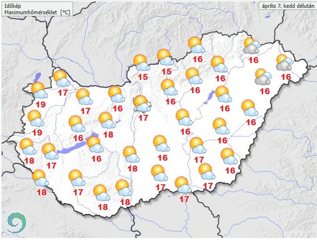 Időjárás-előrejelzés kedd délutánra - Forrás: met.hu
