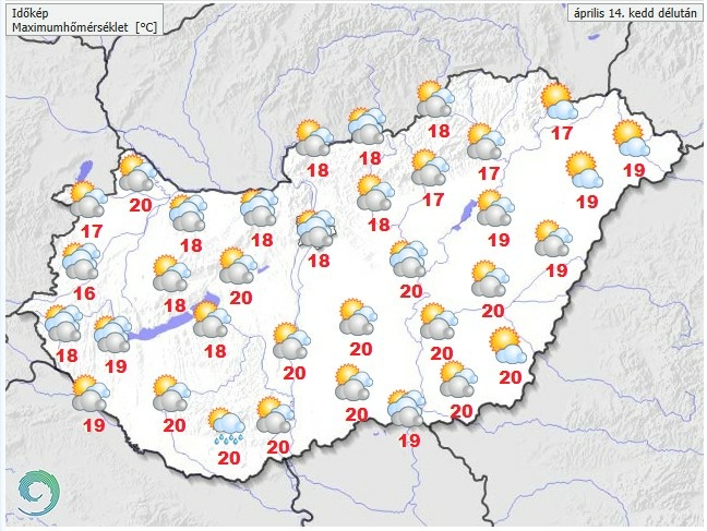 Időjárás-előrejelzés kedd délutánra - Forrás: met.hu