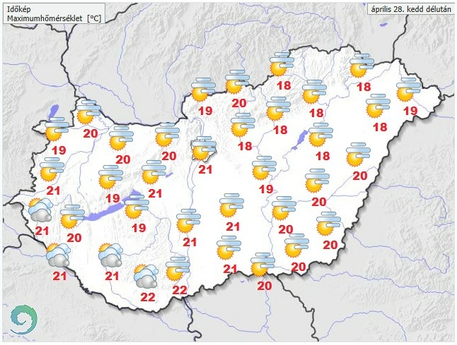 Időjárás-előrejelzés kedd délutánra - Forrás: met.hu