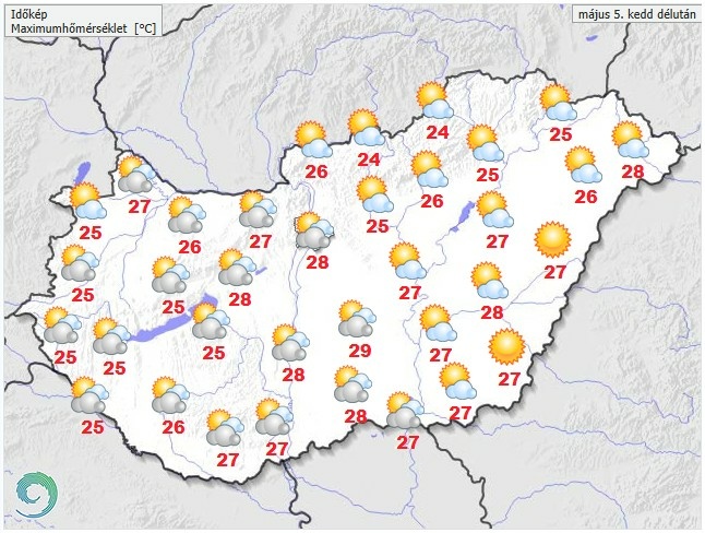 Időjárás-előrejelzés kedd délutánra - Forrás: met.hu