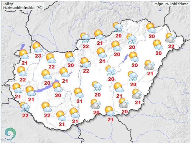 Időjárás-előrejelzés kedd délutánra - Forrás: met.hu