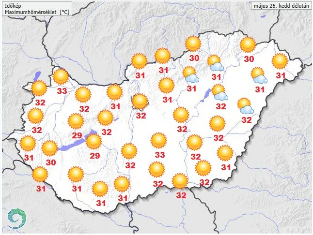 Időjárás-előrejelzés kedd délutánra - Forrás: met.hu