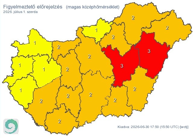 Figyelmeztetés szerdára - Forrás: met.hu