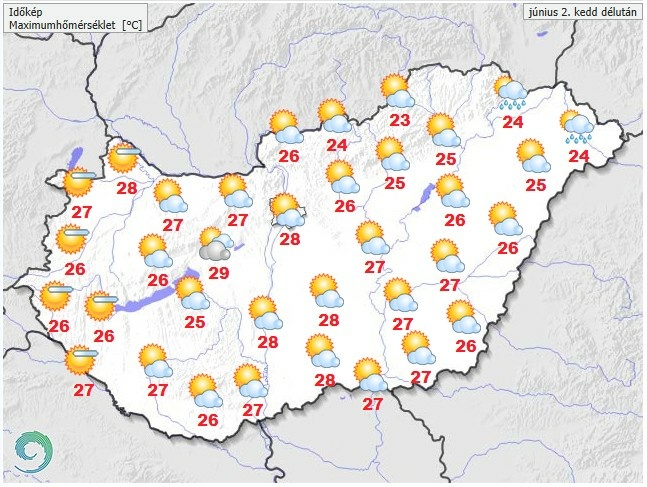 Időjárás-előrejelzés kedd délutánra - Forrás: met.hu