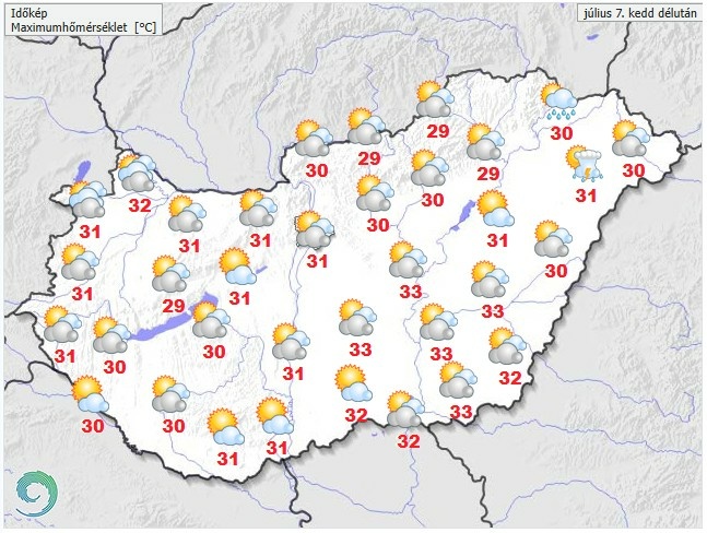 Időjárás-előrejelzés kedd délutánra - Forrás: met.hu