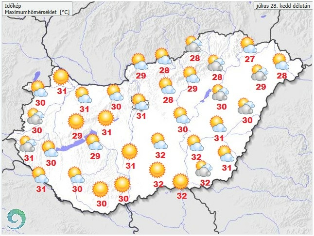 Időjárás-előrejelzés kedd délutánra - Forrás: met.hu