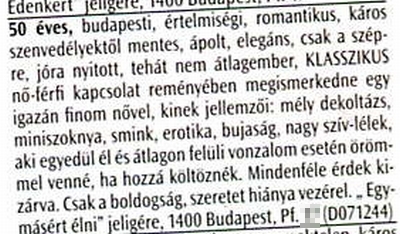 Társkereső hirdetés