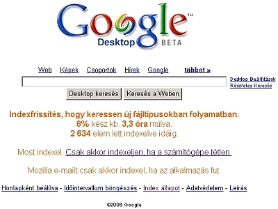 Néhány óra kell a programnak, amíg betárazza a dolgainkat Google Desktop