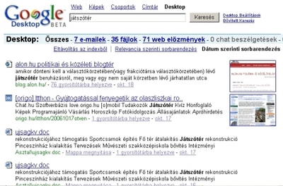 Így jelzi a gépünkön fellelt találatokat Google Desktop