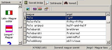 Az egyik angolszótár kisablakban JGL Szótár