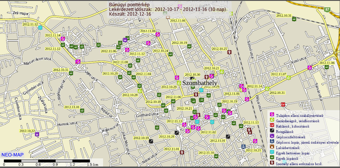 Szombathely belső területének 30 napos bűnügyi térképe - Kattintson a képre a nagyításhoz!