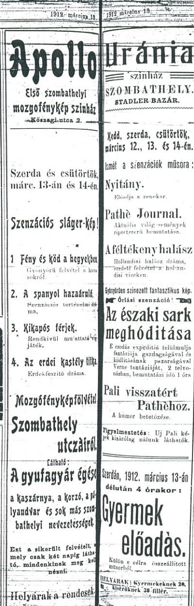Az 1913. március 13-ai moziműsor Szombathelyen