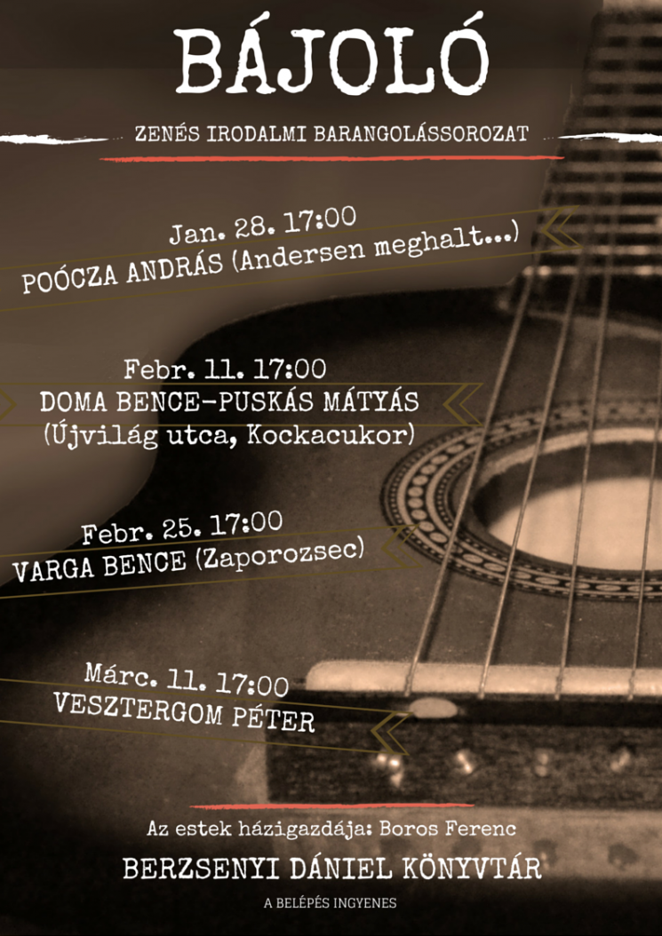 Egy év elteltével, február 11-én, szerdán 17 órakor, a Berzsenyi Dániel Könyvtárban ismét találkozhatunk Doma Bencével és Puskás Mátyással, a Kockacukor és az Újvilág zenekar két meghatározó tagjával, akik ezúttal egy tematikus blokkal készülnek, mely A teljesség felé címet viseli. A Bájoló második évadában, a fiúk az elmúlt egy év termésébe - komponált zenék, versek, dalok - engednek betekintést, melyek legtöbbször a mai generáció én- és útkereső fiataljainak érzelmi világába, kérdéseibe, mindennapi problémáiba kalauzol minket. Az est házigazdája ezúttal is Boros Ferenc. Egy év elteltével, február 11-én, szerdán 17 órakor, a Berzsenyi Dániel Könyvtárban ismét találkozhatunk Doma Bencével és Puskás Mátyással, a Kockacukor és az Újvilág zenekar két meghatározó tagjával, akik ezúttal egy tematikus blokkal készülnek, mely A teljesség felé címet viseli. A Bájoló második évadában, a fiúk az elmúlt egy év termésébe - komponált zenék, versek, dalok - engednek betekintést, melyek legtöbbször a mai generáció én- és útkereső fiataljainak érzelmi világába, kérdéseibe, mindennapi prob